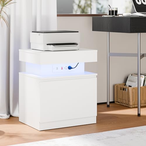 Cozy Castle LED Nightstand, LED Night Stand with Charging Station,Storage and Flip Top, Small End Side Table for Bedroom, Living Room (1, White) Cozy Castle