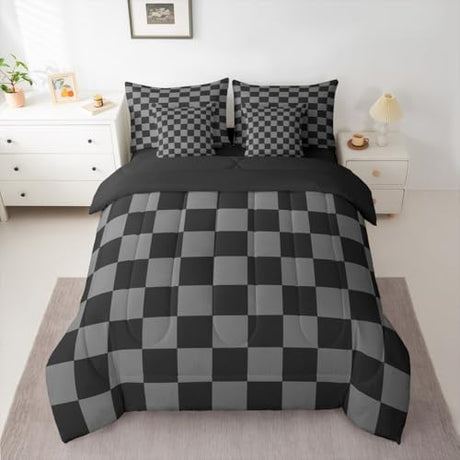 Checkered Retro Comforter Set Queen Size 7 Pieces Black Grey Plaid Bedding Set for Kids Boys Girls Geometric Vintage Bed in a Bag Modern Simple Groovy Aesthetic Bedroom Decor Quilted Lightweight Feelyou