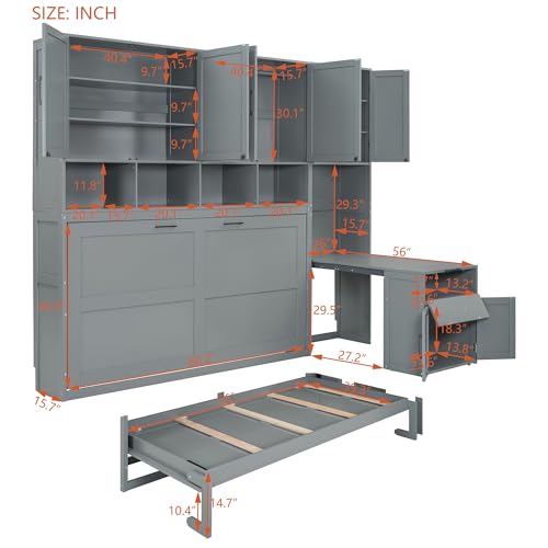Harper & Bright Designs Twin Size Murphy Bed, Wooden Twin Wall Bed Frame with Closet, Drawers & Desk, Gray Harper & Bright Designs