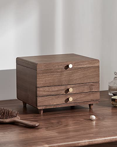 CHOSIN Wooden Jewelry Box Large Black Walnut Wood for Women 3 Layer Classical Solid Wooden Vintage Festive Gift Storage Organizer Box Necklaces Rings CHOSIN