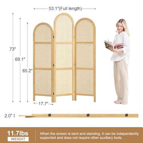 Svimi Folding Room Divider 3 Panels, 5.6 Ft Double Hinged Rattan and Pine Wood Privacy Screen, Freestanding Partition for Bedroom, Living Room, Home Office Decor (Natural-Wave, 3 Panels) Svimi