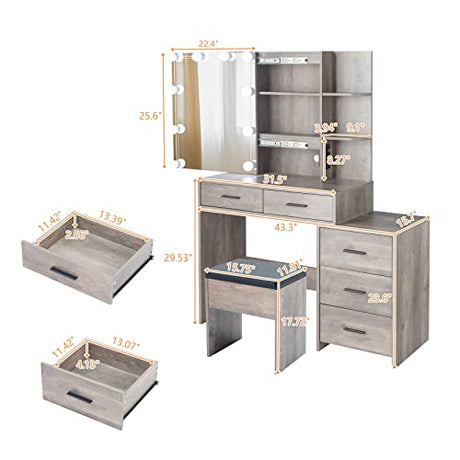 VINGLI Vanity Desk with Sliding Mirror & Lights & Charging Station & Drawers & Shelves, Farmhouse Modern Makeup Vanity Set with Stool for Bedroom VINGLI