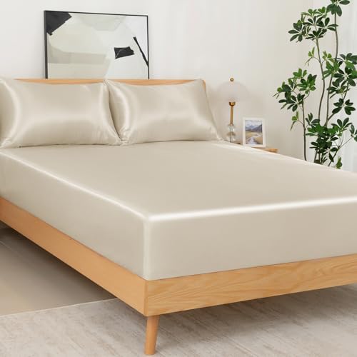 NSGZ 3 Pcs Satin Fitted Sheet and Pillowcase Set, King Silky Bottom Bedsheet Fit up to 15 Inch Deep Pocket Mattress, Taupe Soft Satin Bedding Includes 1 Fitted Sheet and 2 Pillowcases NSGZ