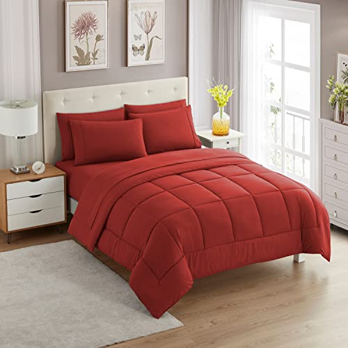 Sweet Home Collection 5 Piece Comforter Set Bag Solid Color All Season Soft Down Alternative Blanket & Luxurious Microfiber Bed Sheets, Red, Twin Sweet Home Collection