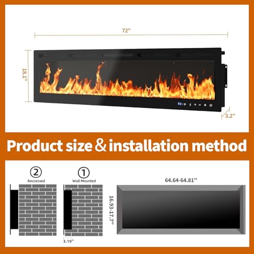 72 Inch Electric Fireplace Insert & Wall Mounted, Smart WiFi/Alexa Control, 1500/750w Heater, 12 Flame Colors, Remote, Timer, to Upgrade Your Living Room & Home Jojoka