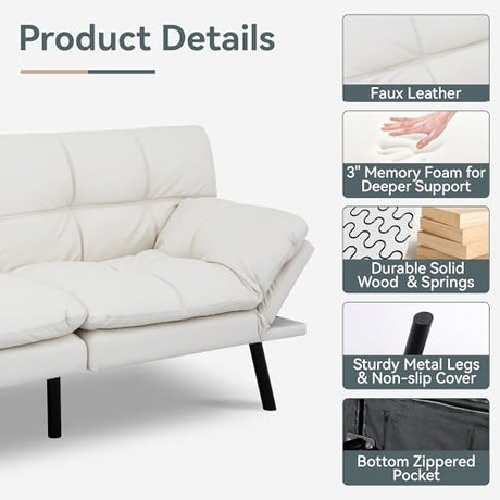 AMICLIBER Futon Sofa Bed Convertible Couch, White Faux Leather Sofa Bed with Memory Foam, Adjustable Backrest & Armrests, Multifunctional Small Loveseat Sleeper Sofa for Living Room, Apartment, Office AMICLIBER
