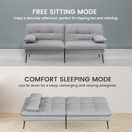 COMHOMA Convertible Futon Sofa Bed, 72″Fabric Futons Couch with Adjustable Backrest, Folding Sleeper Recliner for Living Room Furniture (Grey) COMHOMA