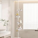 shuang qing 360° Rotating Corner Shower Caddy Tension Pole Organizer - 4-Tier Adjustable Rustproof Metal Pole, Plastic Shelves with Safety Guardrail, Bathroom Storage for Shower & Bathtub(White) shuang qing