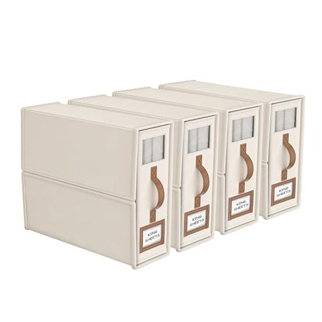 BigPonPon 4 Pack Foldable Bed Sheets Set Organizers and Storage(King & Queen Size),Linen Fabric Closet Organizers with Window,Folding Bedding Storage Box for Bedsheets and Pillow Cube Organizer-Beige BigPonPon