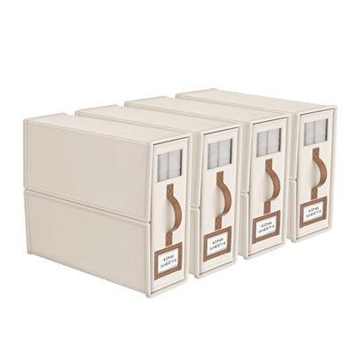 BigPonPon 4 Pack Foldable Bed Sheets Set Organizers and Storage(King & Queen Size),Linen Fabric Closet Organizers with Window,Folding Bedding Storage Box for Bedsheets and Pillow Cube Organizer-Beige