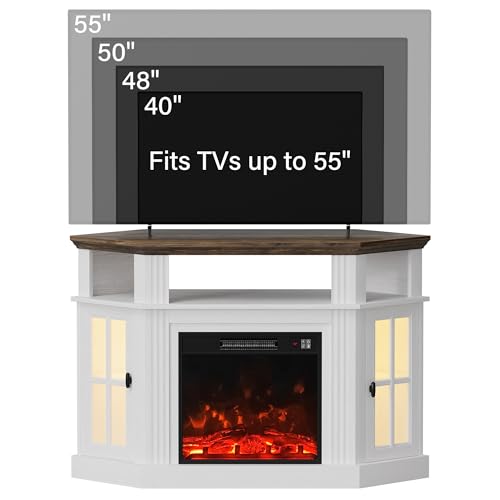 YESHOMY LED Corner Fireplace TV Stand with Mood Lighting, for TVs up to 55" with Storage Cabinets, Entertainment Center, Media Console for Living Room, Bedroom, White＆Rustic YESHOMY