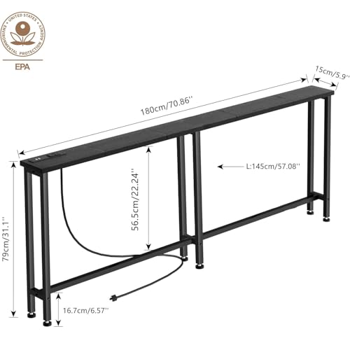 Keelian 70" Narrow Console Sofa Table with Power Outlets & 2 USB Ports, Metal Frame, Black, Perfect for Hallway, Office, and Behind Sofa - Easy Assembly, 4.9' Extension Cord Included Keelian