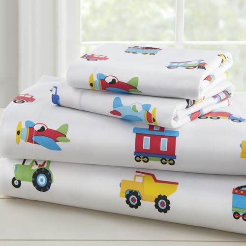 Wildkin 100% Cotton Full Sheet Set – Soft & Cozy Bed Sheets - Trains, Planes, and Trucks Wildkin