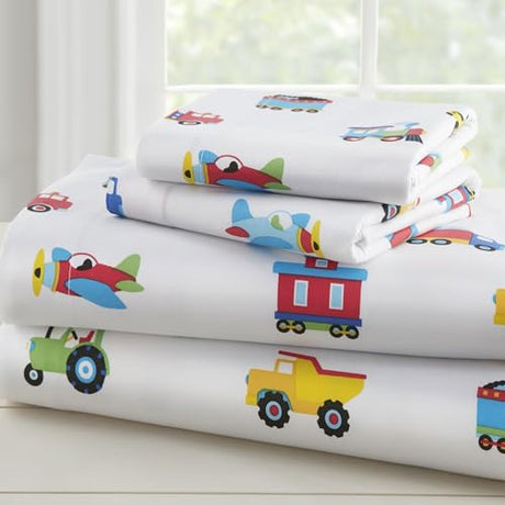 Wildkin 100% Cotton Full Sheet Set – Soft & Cozy Bed Sheets - Trains, Planes, and Trucks Wildkin