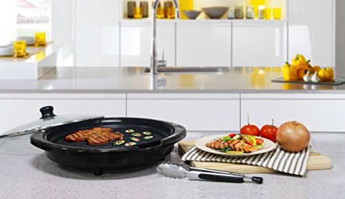 Elite Gourmet EMG-980B Smokeless Electric Tabletop Grill Nonstick, 6-Serving, Dishwasher Safe Removable Grilling Plate, Grill Indoor, Tempered Glass Lid, Adjustable Temperature, 14" Black