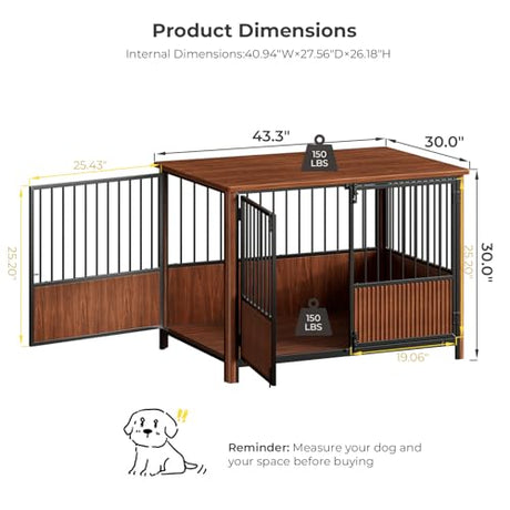Zivanti 43'' XL Fluted Large Dog Crate Furniture with 3 Doors, Modern Indoor Decorative Dog Crate End Table, Wooden Dog Kennel Cage for Medium to Large Dogs, Walnut Zivanti