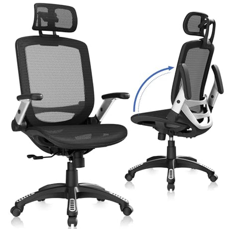 GABRYLLY Ergonomic Office Chair, High Back Home Desk Chair with Headrest, Flip-Up Arms, 90-120° Tilt Lock and Wide Cushion, Big and Tall Mesh Chairs for Man Woman, Black Task Chair GABRYLLY