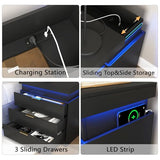 Night Stand with Charger Station and LED Lights,3 Drawers Nightstands with Sliding Top,Modern Bedside Table with Storage,Wooden End Table for Multiple Scenarios (Black) VERYKE