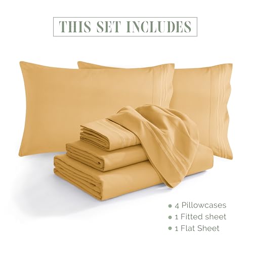 Elegant Comfort 1500 Premium Quality 6-Piece Bed Sheet Set - 18-24 Inch Extra Deep Pocket, Smart Storage Pockets, Wrinkle Free Ultra Soft 6PC Extra Deep Pocket Sheets, Queen, Gold Elegant Comfort