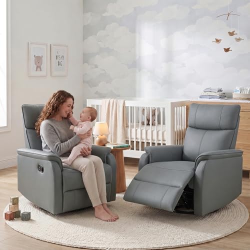 HAOMARKETS Swivel Rocker Recliner Chair, Manual Faux Leather Glider Rocking Recliners for Adults, 360° Swivel Nursery Reclining Sofa with Padded Backrest for Living Room, Grey