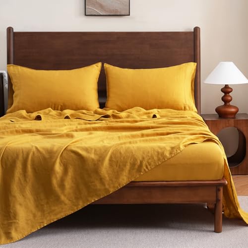 S VICTORY SYMBOL 100% Organic French Linen Bed Sheet Set,Natural Pure Flax with Stone Washed Bedding Set Full Size,Ultra Soft Luxurious 4 Pieces Sheets Set(Yellow,Full) S VICTORY SYMBOL