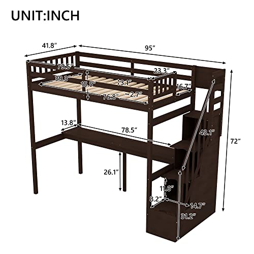 Espresso Twin Size Loft Bed with Storage Steps and Built-in Desk for Kids - WoodArtSupply