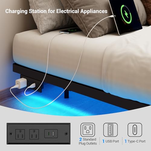 Mashomdec King Size Floating Metal Bed Frame with Smart LED Lights & Charging Station, Metal Platform Bed Base No Box Spring Needed, Easy Assembly, Noise Free Mashomdec
