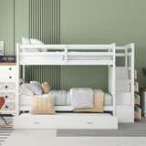 P PURLOVE Twin Over Twin Bunk Bed with Stairs and Trundle, Solid Wood Bunk Beds with Stairway Storage for Teens,Kids,White P PURLOVE