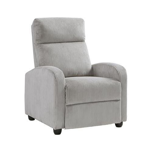 Lexicon Corduroy Pushback Recliner Chair Armchair Push Back Recliner, Solid Wood Frame and Metal Base, Easy Assembly Small Soft Single Sofa Accent Chair for Living Room/Office/Apartment, Light Grey