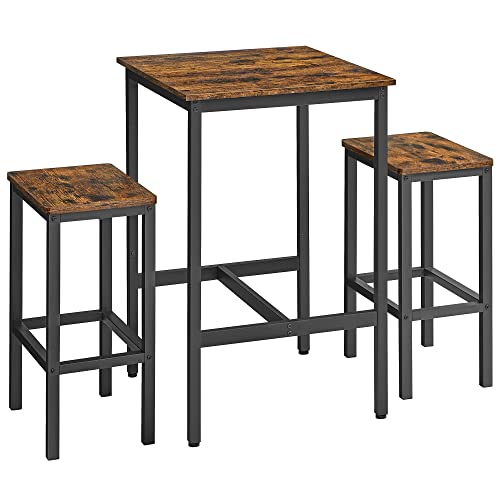 VASAGLE Bar Table and Chairs Set, Square Table with 2 Stools, Dining Pub Set for 2, Space Saving for Kitchen Breakfast, Living Room, Rustic Brown and Ink Black VASAGLE