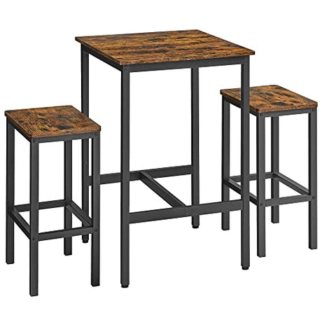 VASAGLE Bar Table and Chairs Set, Square Table with 2 Stools, Dining Pub Set for 2, Space Saving for Kitchen Breakfast, Living Room, Rustic Brown and Ink Black VASAGLE