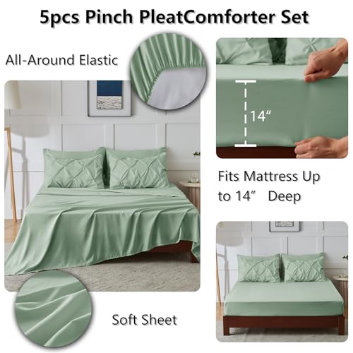 CozyLux Twin Comforter Set with Sheets Sage Green, 5 Pieces Pintuck Bed in A Bag, Twin Bed Set Gift for Family, Pinch Pleat Bedding Set with Comforter, Sheets, Pillowcase & Sham CozyLux