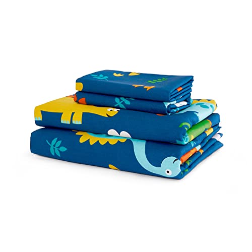 Wake In Cloud - Dinosaur Bed Sheets for Boys, 100% Cotton, 4-Piece Sheet Set Kids, Cute Colorful Cartoon Animal Leaf Tree Pattern Printed Bedding, Deep Pocket, Navy, Full Size Wake In Cloud