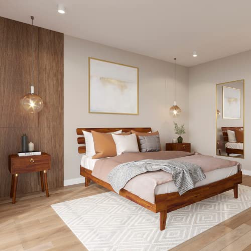 Bme Caden 15 Inch Adjustable Headboard Bed Frame - Mid Century Acacia Wood - No Box Spring Required - Dark Chocolate - Queen Size Bme