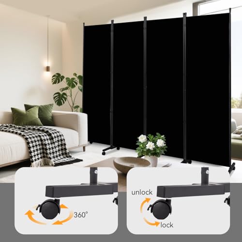 Room Divider (4 Panel) Wall Divider for Room Separation, 88 inch Wide Portable Privacy Screens W/Wheels, Metal Frame Freestanding Room Separators 5.6FT Room Partitions and Dividers YASRKML