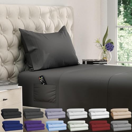 DREAMCARE Twin XL Sheet Sets – 3pcs Cooling Sheets – up to 21” Extra Deep Pocket Twin XL Sheets Set – Hotel Luxury Sheets & Pillowcases – Superior Softness 100% Fine Microfiber with Side Pocket – Gray DREAMCARE