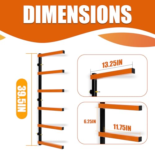 KUAFU Lumber Storage Rack Board Basement Storage Wall Mounted Rack Max 600 lb Steel with 6-Level Wall Mount, Indoor & Outdoor 1 Pack KUAFU