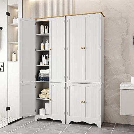Yusong 72'' Tall Kitchen Pantry Cabinet, Freestanding Storage Cabinet with Doors and Shelves, Wooden Food Pantry Farmhouse Cupboard Buffet for Kitchen Dining Living Room, White Honey Yusong