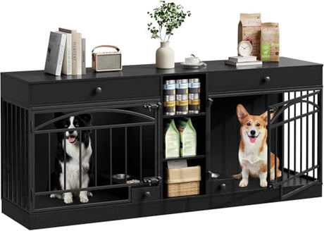GAOMON Dog Crate Furniture for 2 Dogs, 78.7'' Large Dog Kennel Indoor with 2 Storage Drawers, 3 Shelves and Feeding Bowls, Double Dog Crate TV Stand for Small and Medium Dogs, Black GAOMON