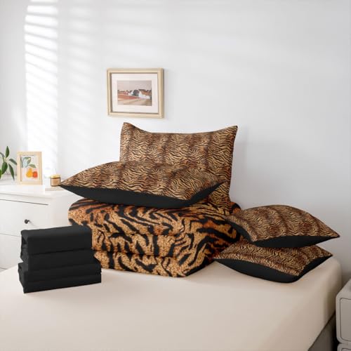 Erosebridal Brown Tiger Print Queen Comforter Set for Women Men Adults - Simulated Animal Fur Printed Wild Tiger Fur Print 7-Piece Bedding Set Tigerish Animal Printed Quilt Duvet Sets Erosebridal