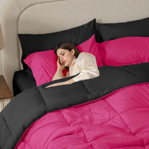 Anluoer King Comforter Set,Hot Pink&Black Bed in a Bag 7 Piece,Lightweight Bedding Set with Soft Down Alternative Fill,Bed Set Includes Comforter, Fitted Sheet, Flat Sheet,Pillowcases and Shams Anluoer