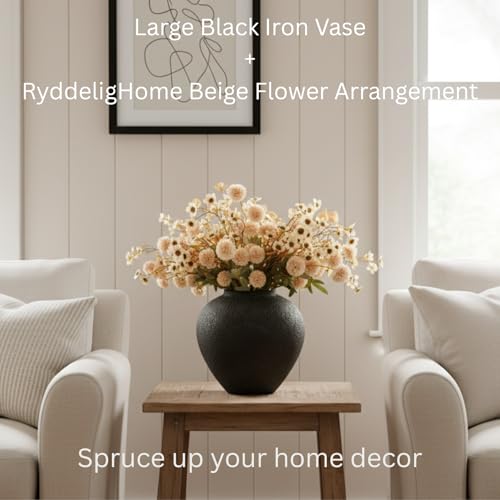 Black Large Round Vase Pottery Look for Home Decor, Arina Black Rustic Iron Vase Modern Farmhouse, Console Table Decor, Earthy Textured Metal Big Black Round Vases for Centerpieces, Jarrones Grandes RyddeligHome