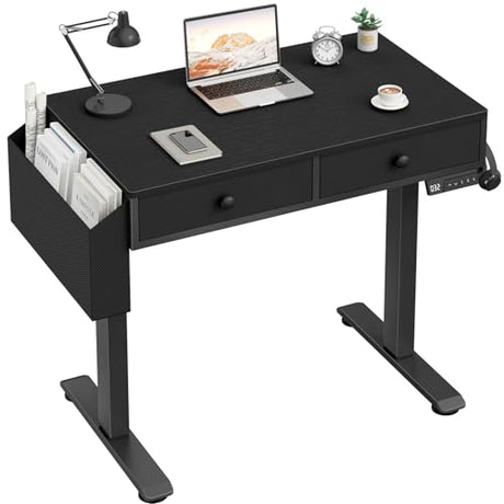 KLUVIS Electric Standing Desk with Drawers - 32 Inch Small Black Height Adjustable Sit Stand Desk with Storage for Home Office Bedroom, Study Writing Compact Stand up Computer Desks for Boys Girl Work KLUVIS