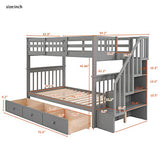 Harper & Bright Designs Twin Over Twin Bunk Bed with Three Drawers and Storage Staircase, Solid Wood Bunk Bed Frame with Guardrails for Bedroom, Guest Room, No Box Spring Required, Space Saving, Gray Harper & Bright Designs
