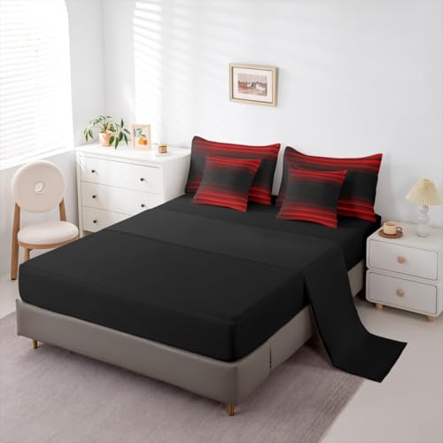 Erosebridal Red Black 7 Piece Bedding Set Twin Ombre Comforter Set with Sheets Abstract Teens Art Gradient Bed in A Bag Kids Girls Boys Bed Sets Erosebridal