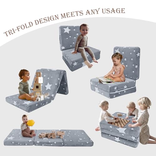 MeMoreCool Glow Star Kids Foldable Floor Mattress Mat with Carry Bag, 3-in-1 Tri-Fold Futon, Soft Plush Glow Cover, Portable for Travel, Grey 63x26 Inch MeMoreCool