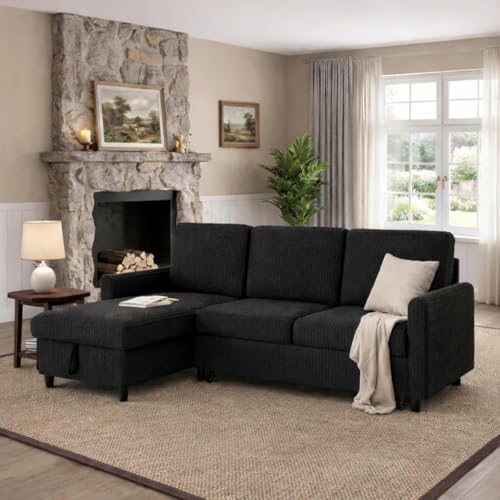 JAMFLY Pull Out Sleeper Sofa Bed with Storage Chaise, L-Shaped Corduroy Sectional Couch, 3-Seater Convertible Sofa with Hidden Storage for Small Living Room, Apartment, Office, Black JAMFLY