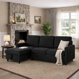 JAMFLY Pull Out Sleeper Sofa Bed with Storage Chaise, L-Shaped Corduroy Sectional Couch, 3-Seater Convertible Sofa with Hidden Storage for Small Living Room, Apartment, Office, Black JAMFLY