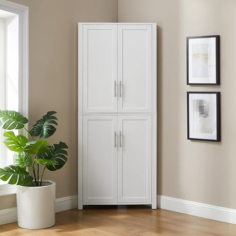 Crosley Furniture Savannah Traditional Corner Pantry Storage Cabinet with Shelves, Kitchen, Dining, Laundry, White Crosley Furniture