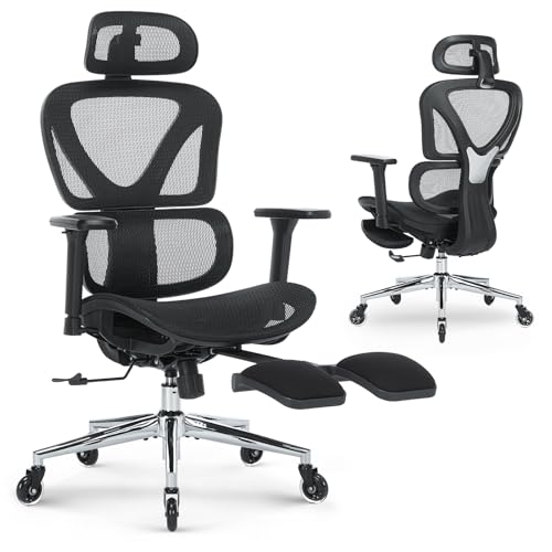 MALOL Ergonomic Office Chair with Footrest, Mesh Home Office Computer Chair with Adjustable Headrest and 3D Arms, Backrest Height, Tilt Lock and Lumbar Support, 300LBS MALOL